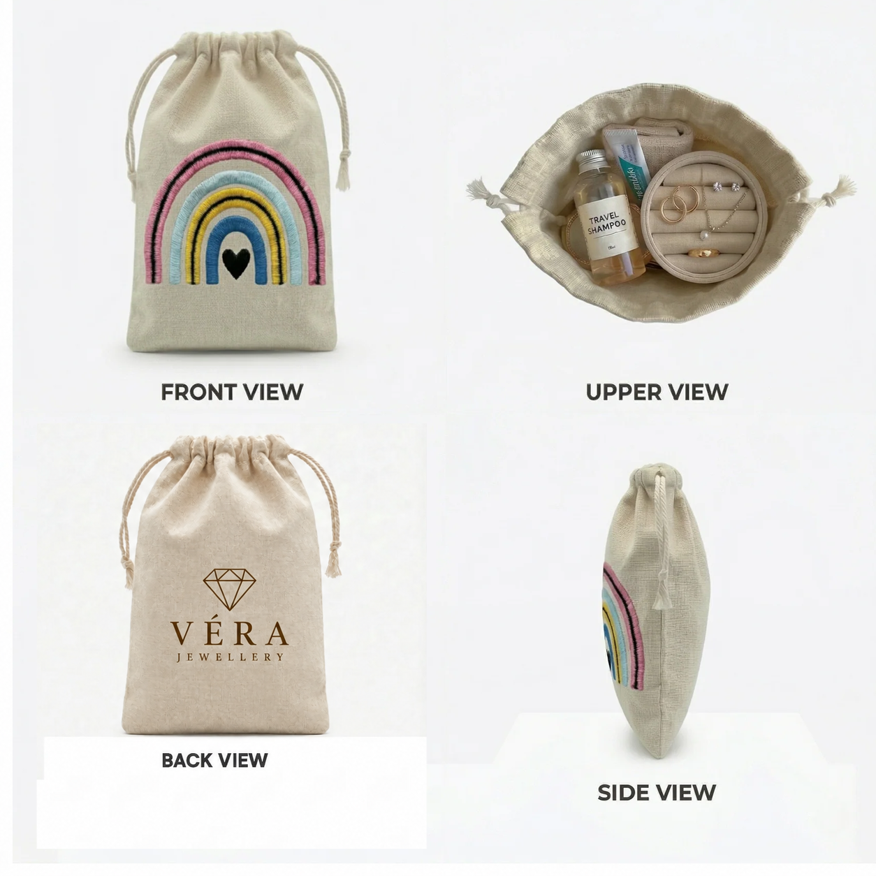 Rainbow Embroidered Cotton Drawstring Pouch