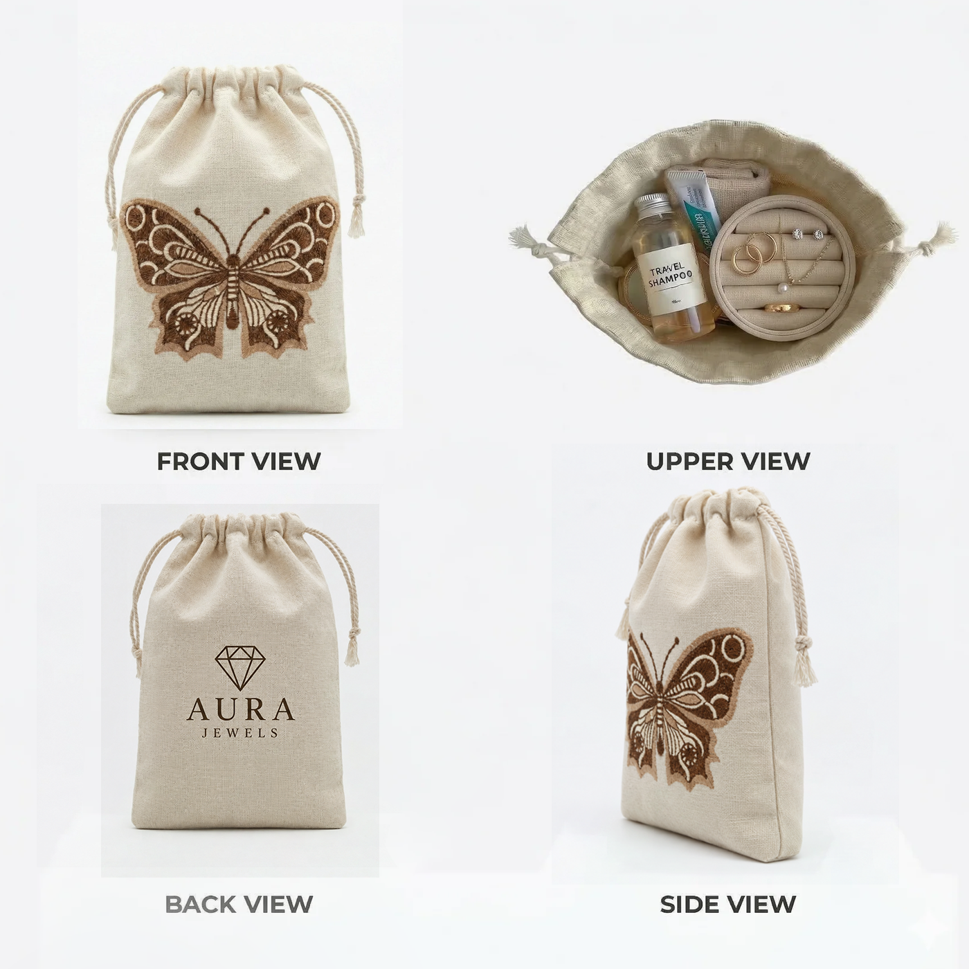 Butterfly Embroidered Cotton Drawstring Pouch