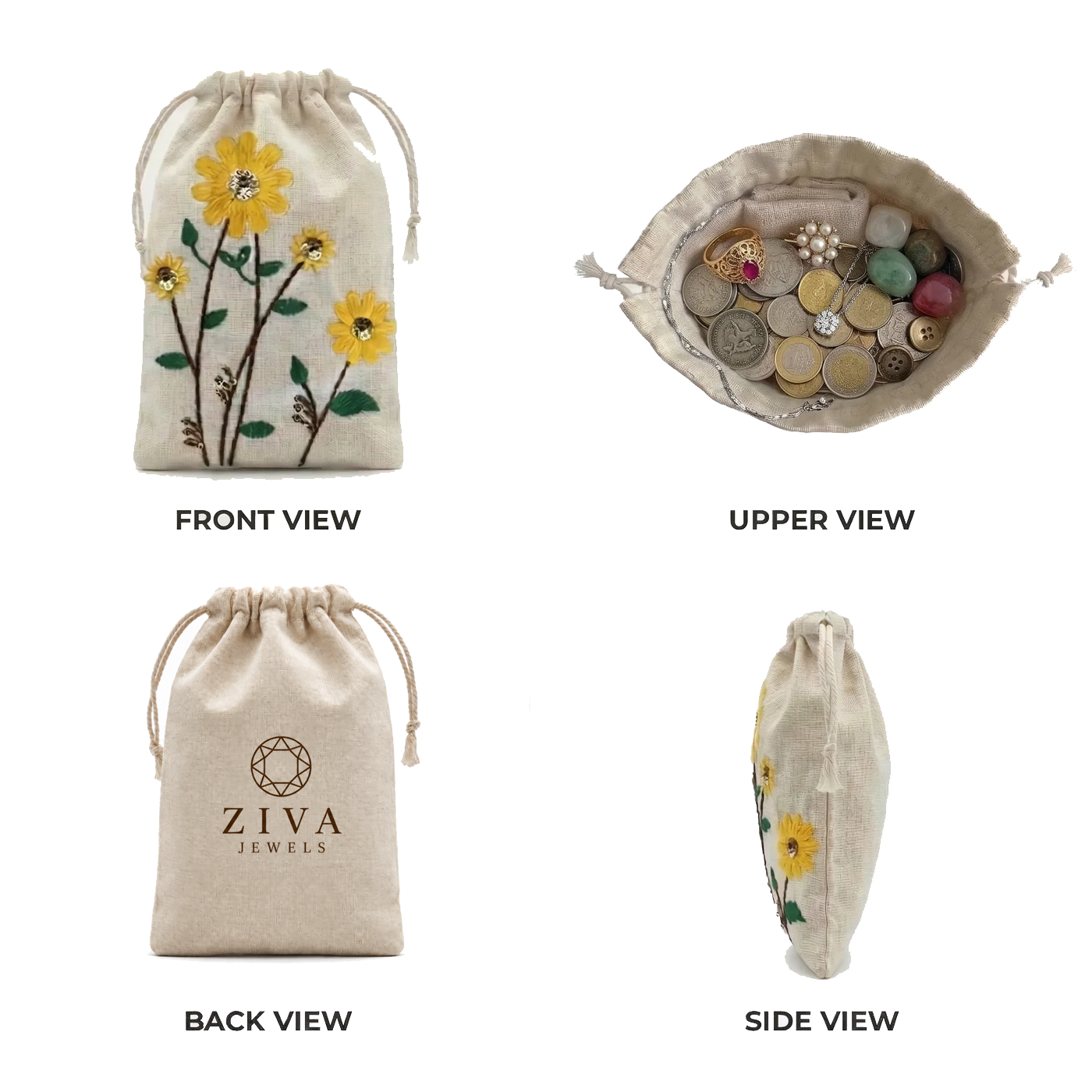Sunflower Embroidered Cotton Drawstring Pouch