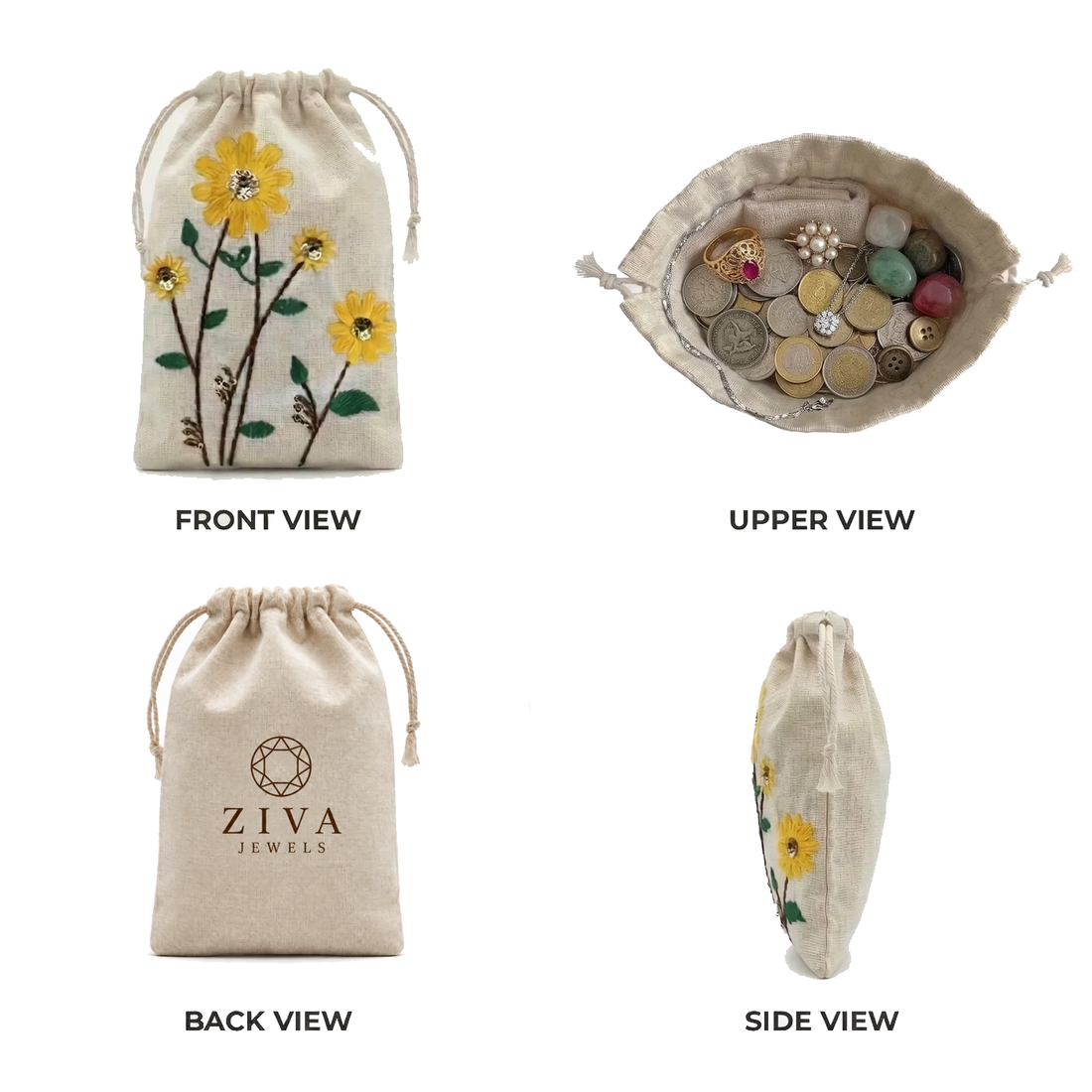 Sunflower Embroidered Cotton Drawstring Pouch