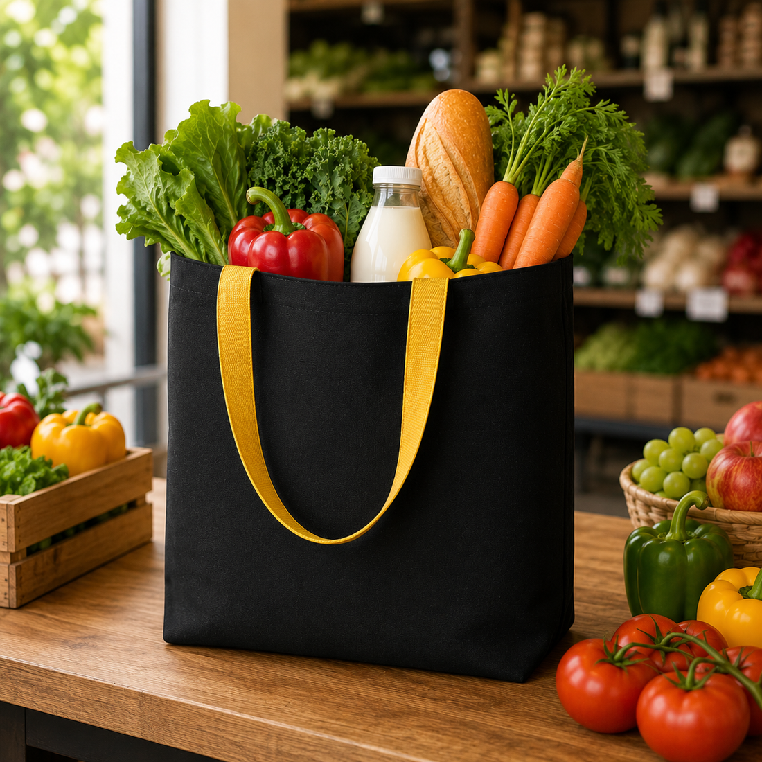 13x15" Plain Black and Yellow Tote Bag