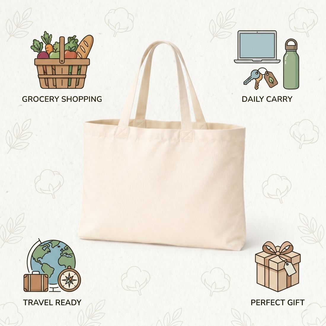 12x10 Inch Cotton Canvas Tote Bag