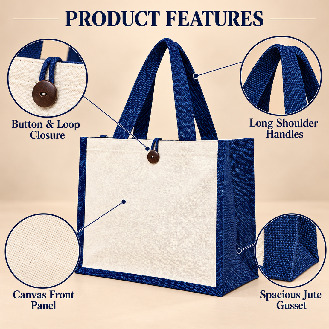Plain 16x13x6 Navy Blue Laminated Jute & Canvas Hamper Bag with Button Closure