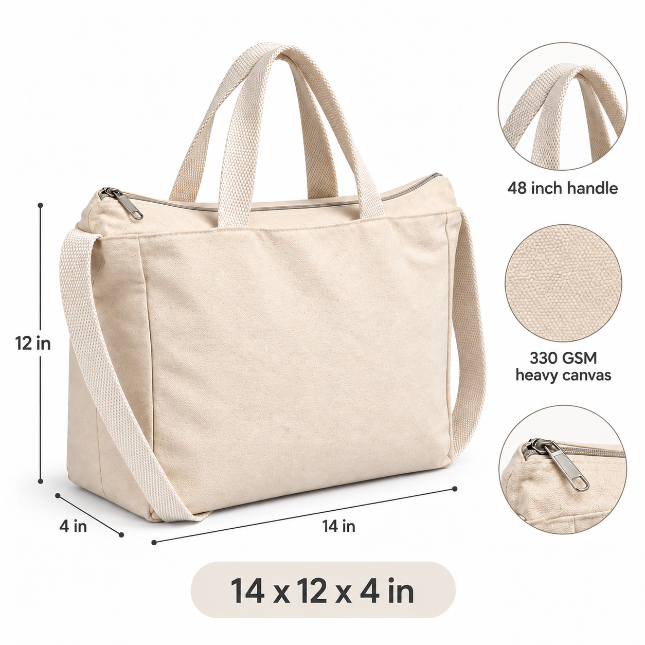 Plain 14×12×4 Canvas Sling Bag with Zip | 330 GSM
