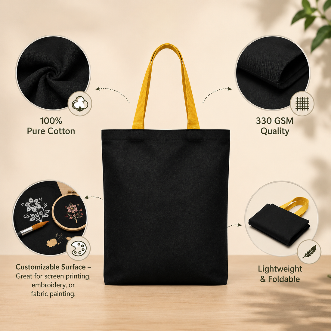 13x15" Plain Black and Yellow Tote Bag
