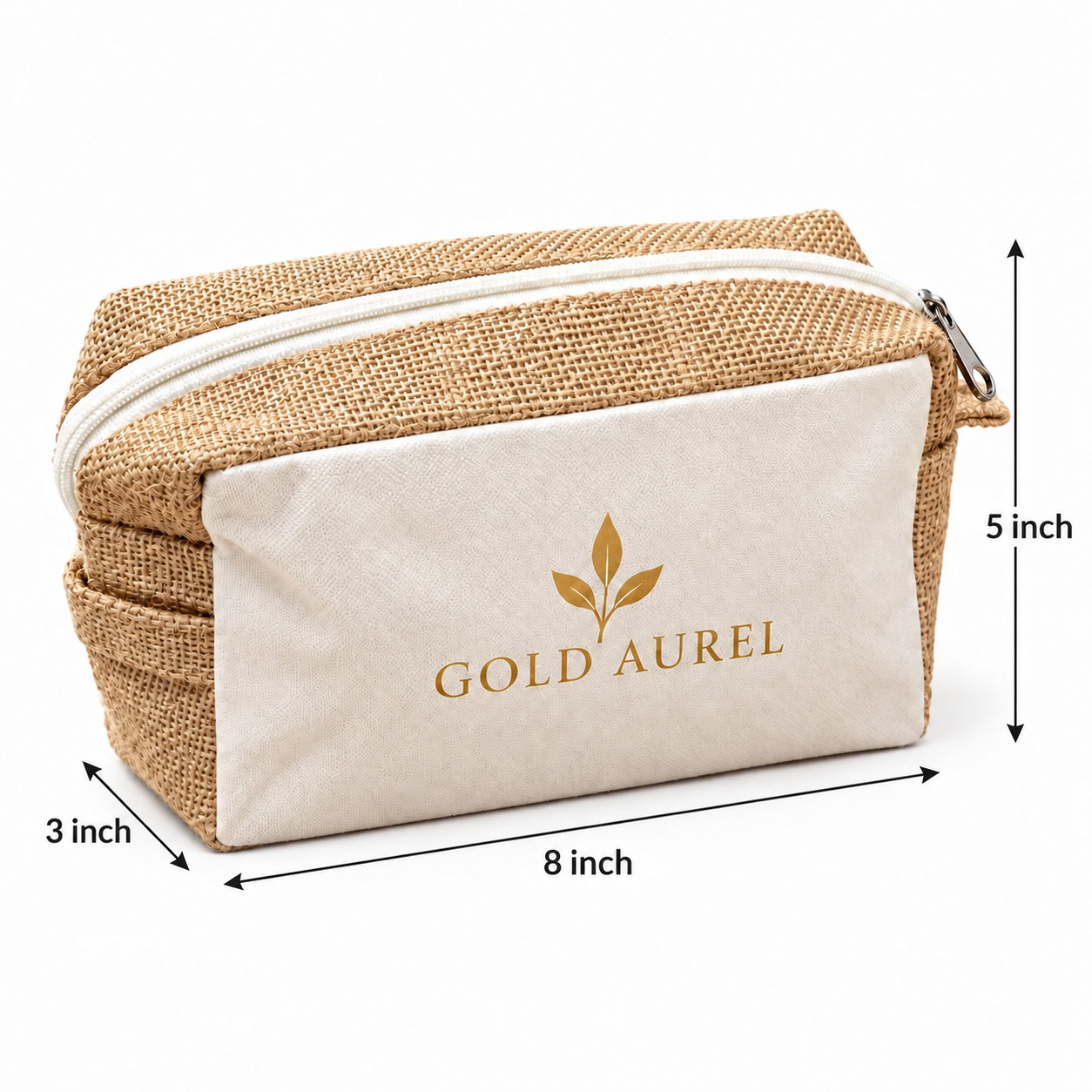 8x5x3 Natural Jute & Canvas Boxy Zipper Pouch
