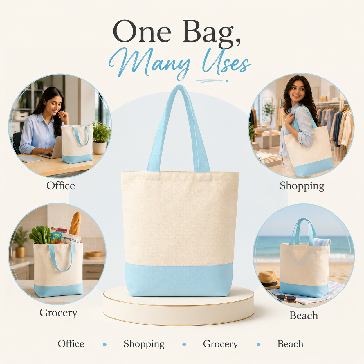 Sky Blue & Beige Tote Bag | 330 GSM
