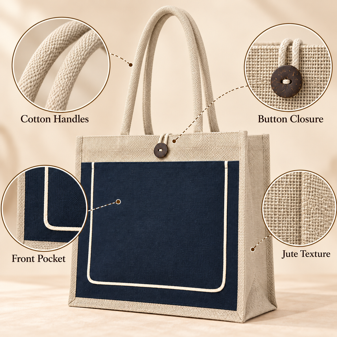 Plain 17x13x6 Black & Natural Jute Tote Bag with Piped Canvas Front Pocket