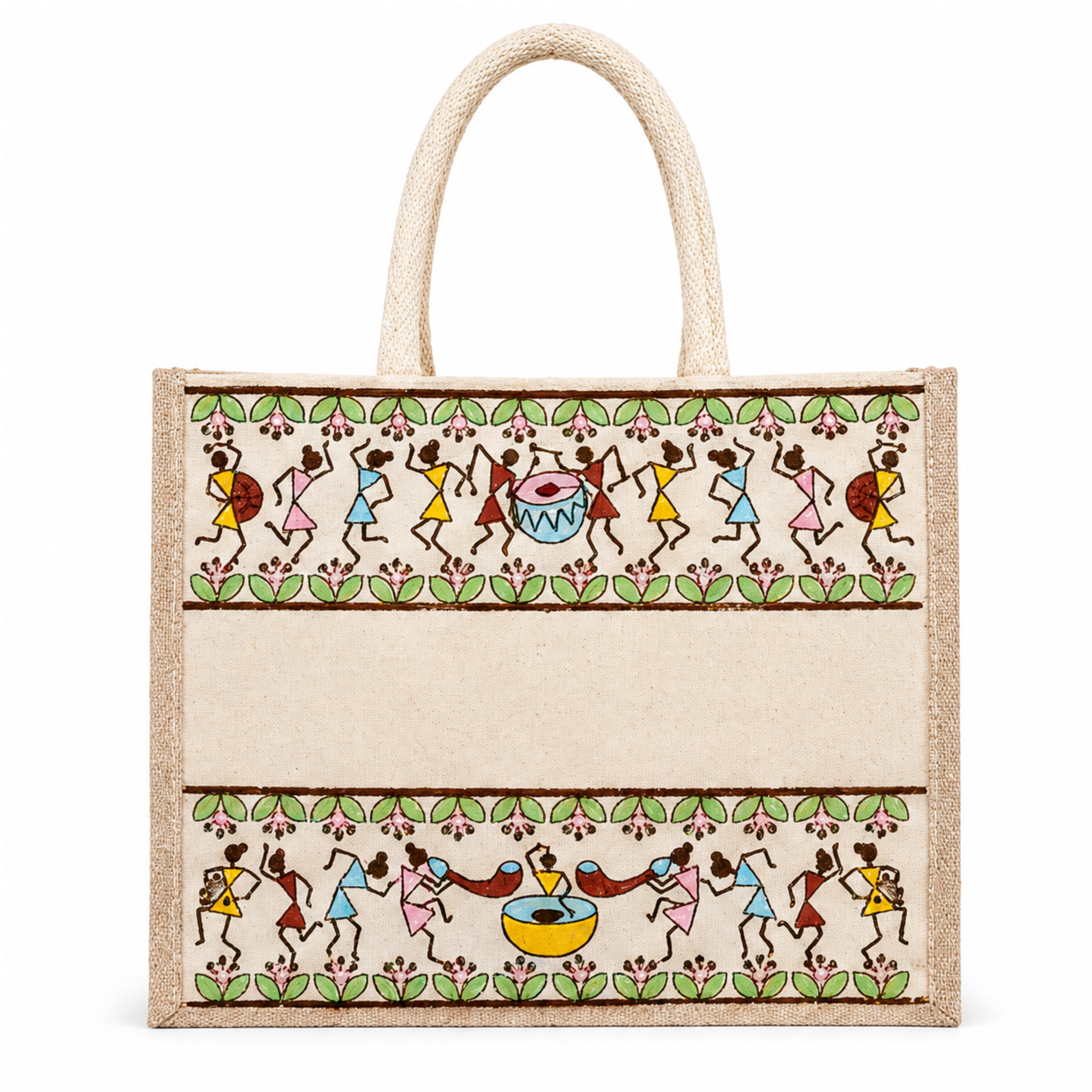 Plain Tribal Beats Warli Hamper Bag - Beige
