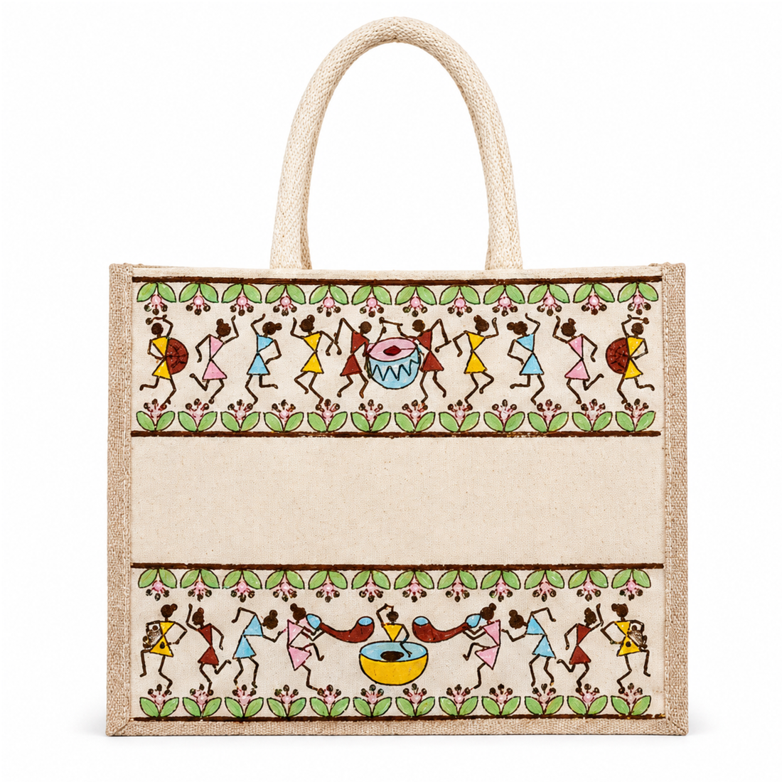 Plain Tribal Beats Warli Hamper Bag - Beige