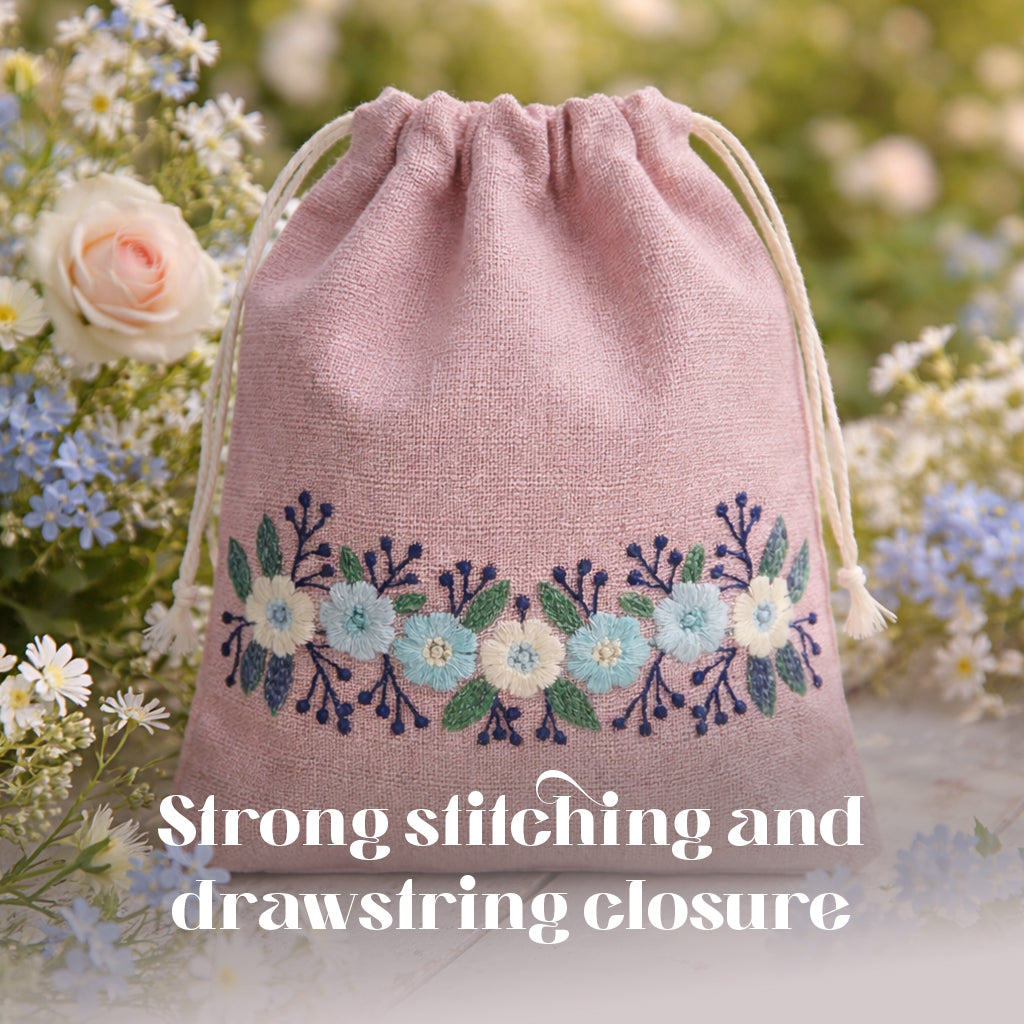 Floral Pink Embroidered Drawstring Bag