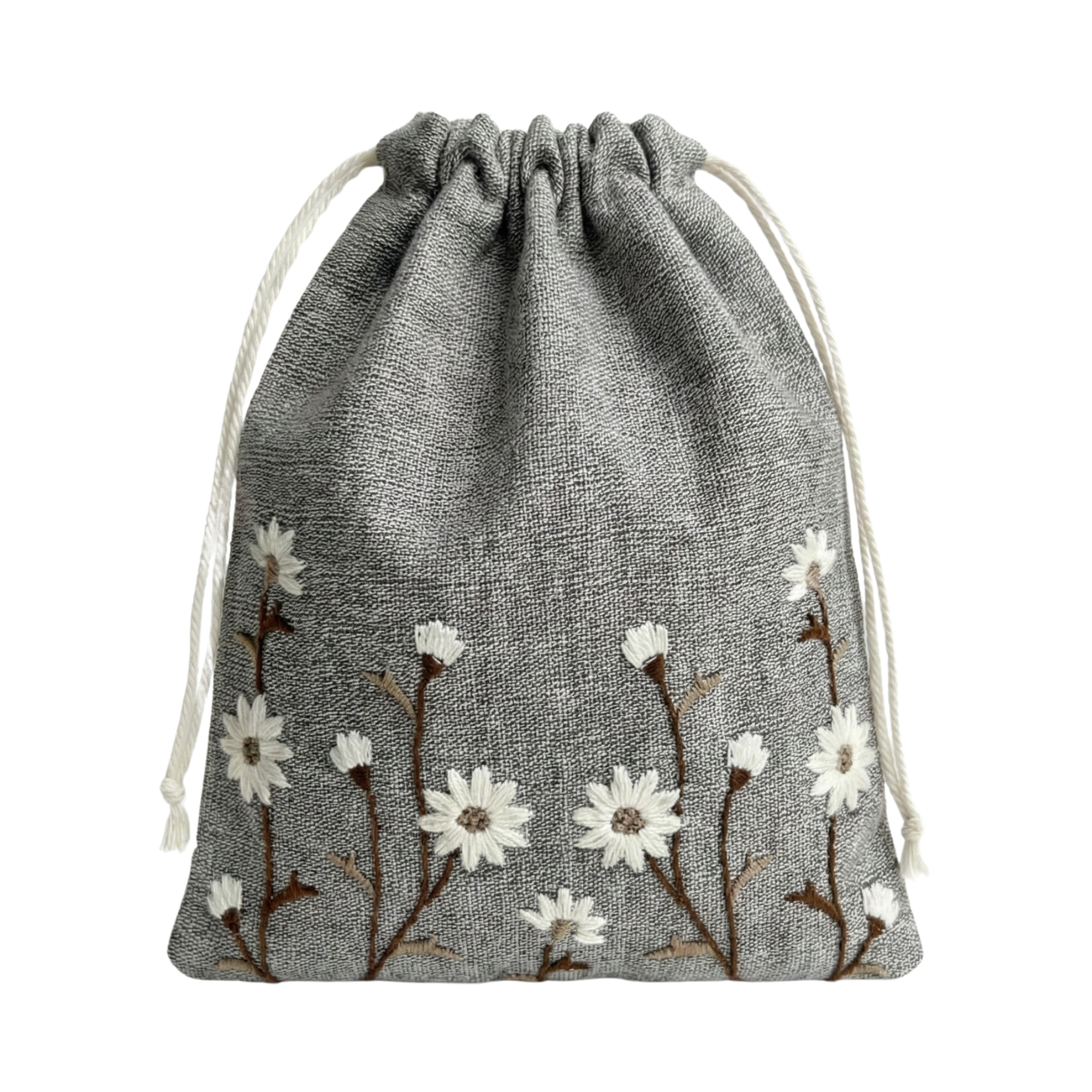 Floral Brown Embroidered Drawstring Bag