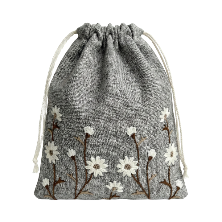 Floral Brown Embroidered Drawstring Bag