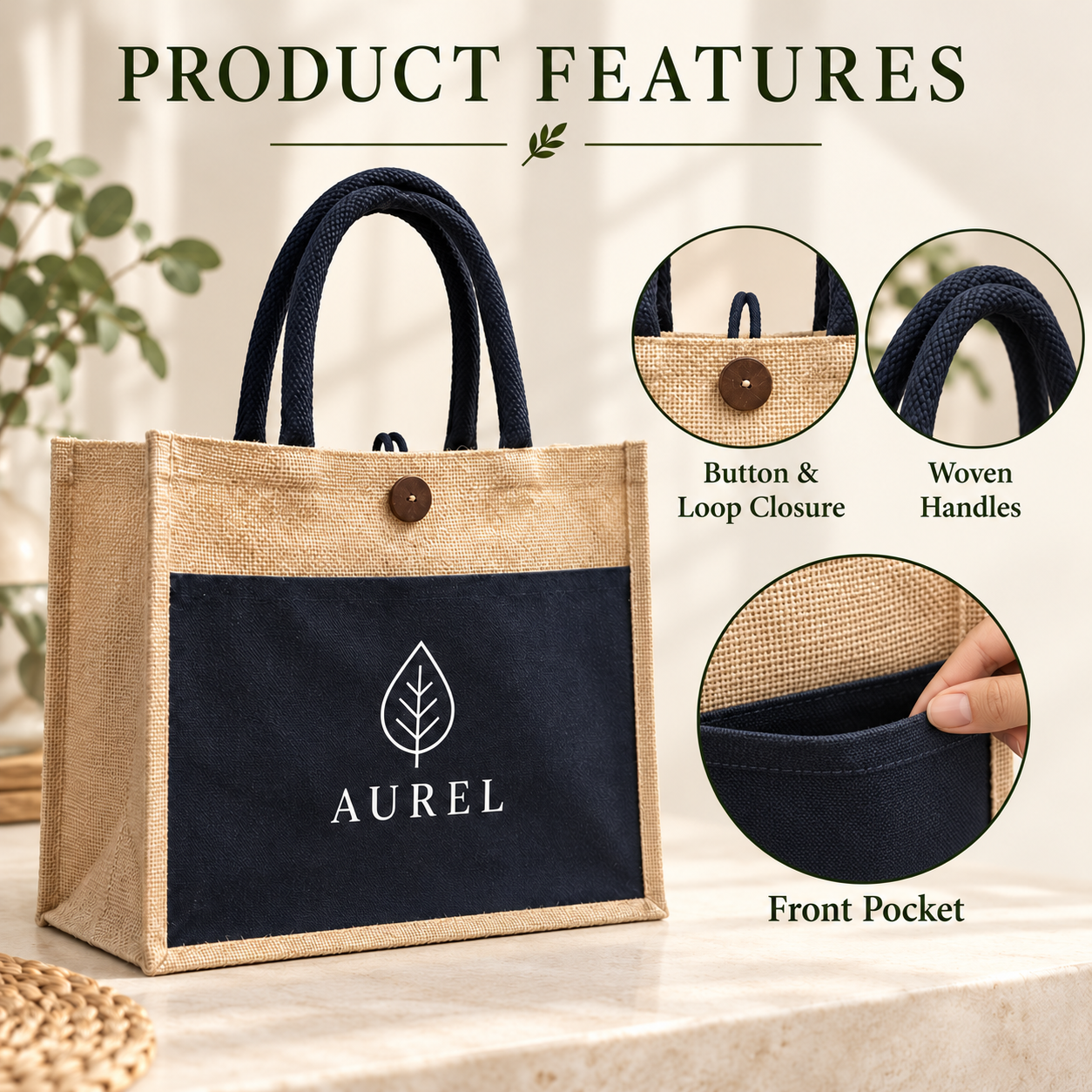 16x13x6 Black & Natural Laminated Jute Hamper Bag with Canvas Front Pocket