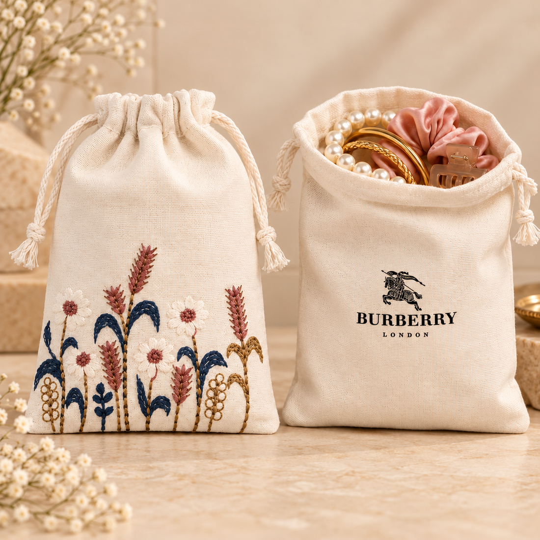 Rustic Harvest Embroidered Cotton Drawstring Pouch