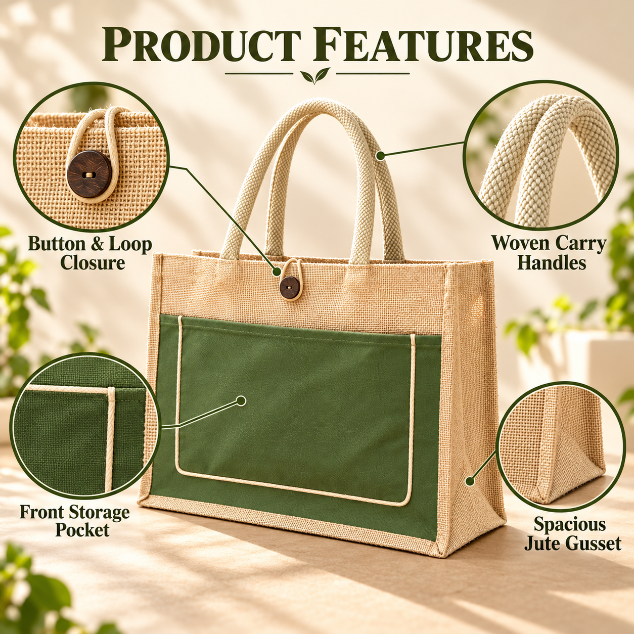 Plain 16x13x6 Olive & Natural Cotton-Jute Tote Bag with Front Pocket