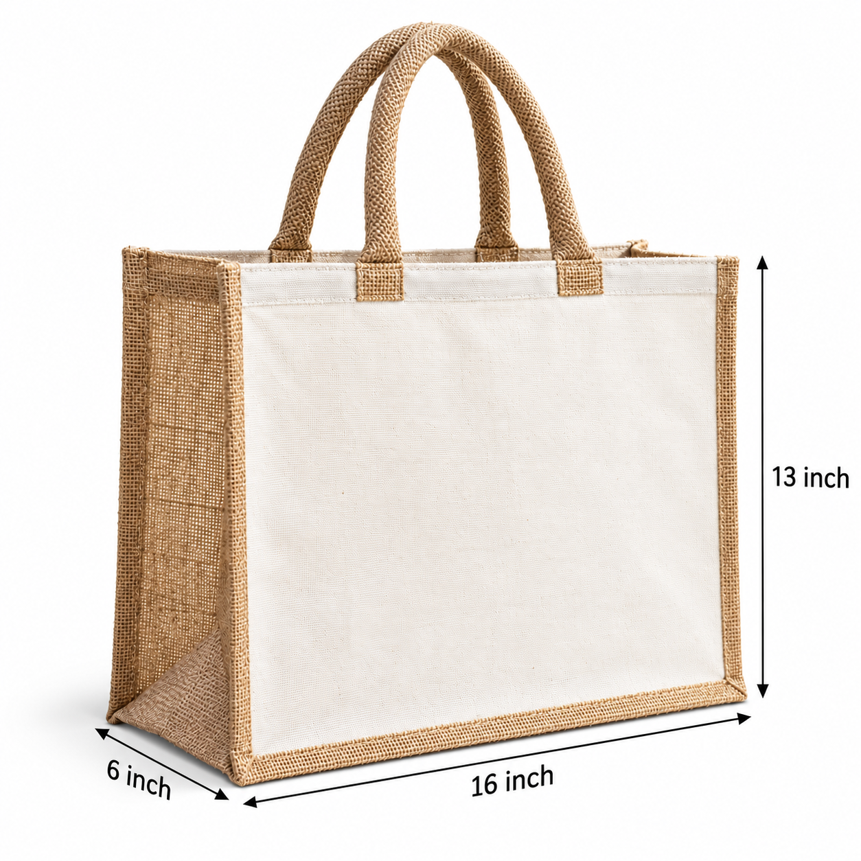 Plain 16x13x6 Natural Laminated Jute & Canvas Hamper Bag
