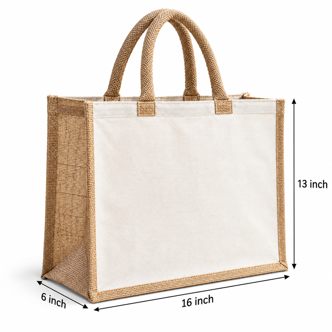 Plain 16x13x6 Natural Laminated Jute & Canvas Hamper Bag