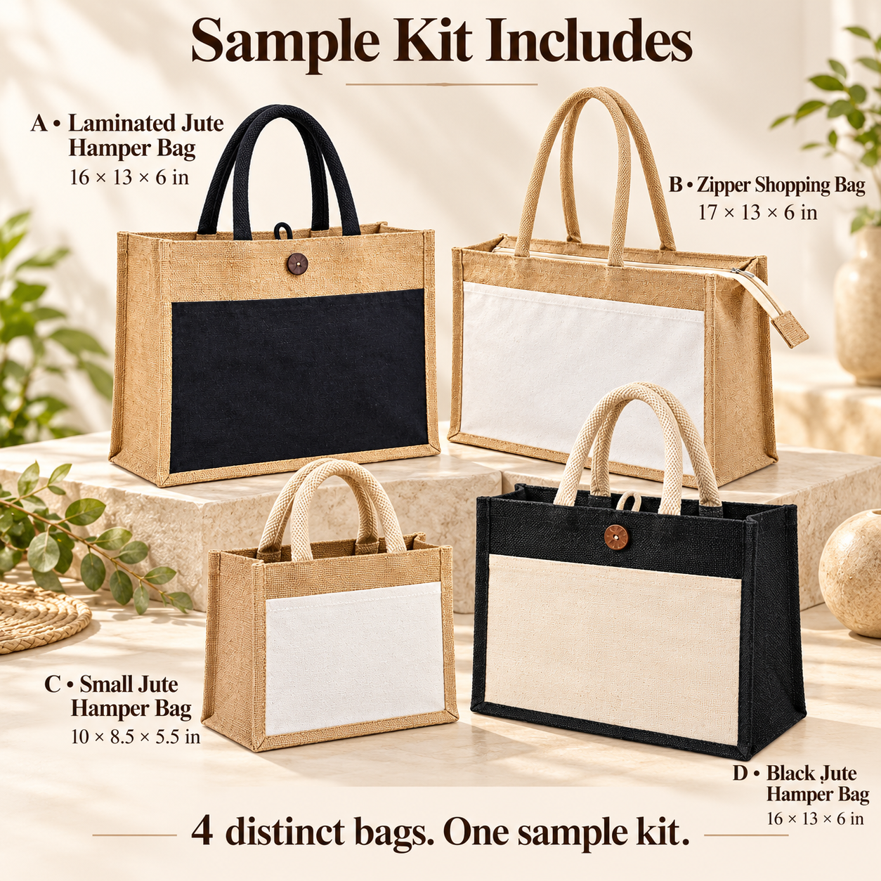 Jute Front Pocket Hamper & Zipper Bag Sample Kit