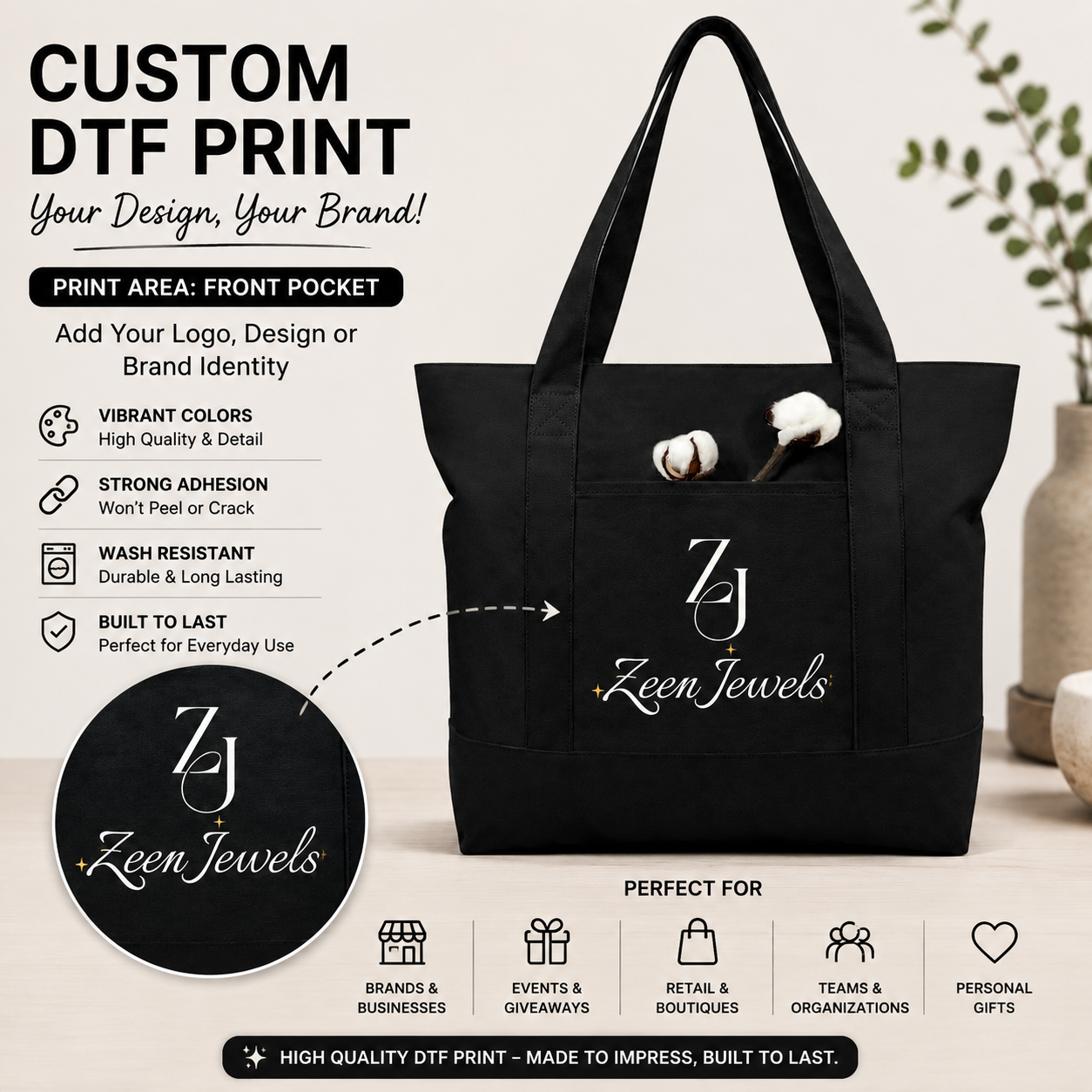 Black Large Canvas Tote Bag | 19" x 15" x 6"