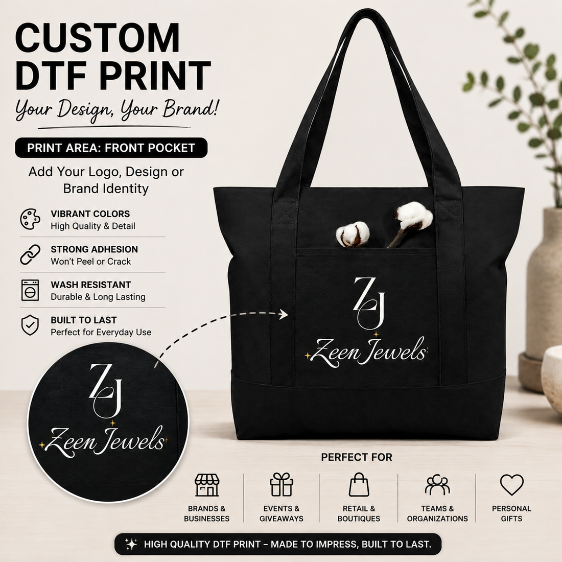 Black Large Canvas Tote Bag | 19" x 15" x 6"