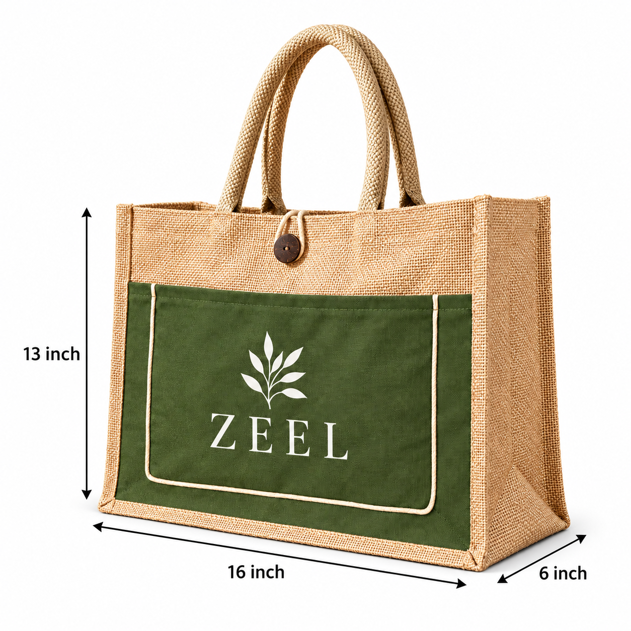 16x13x6 Olive & Natural Cotton-Jute Tote Bag with Front Pocket
