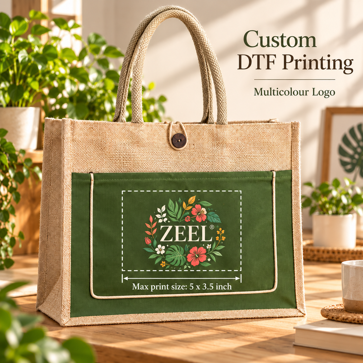 16x13x6 Olive & Natural Cotton-Jute Tote Bag with Front Pocket
