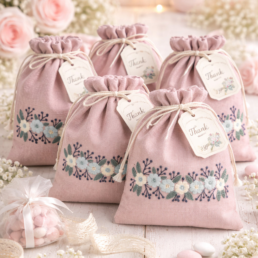 Floral Pink Embroidered Drawstring Bag