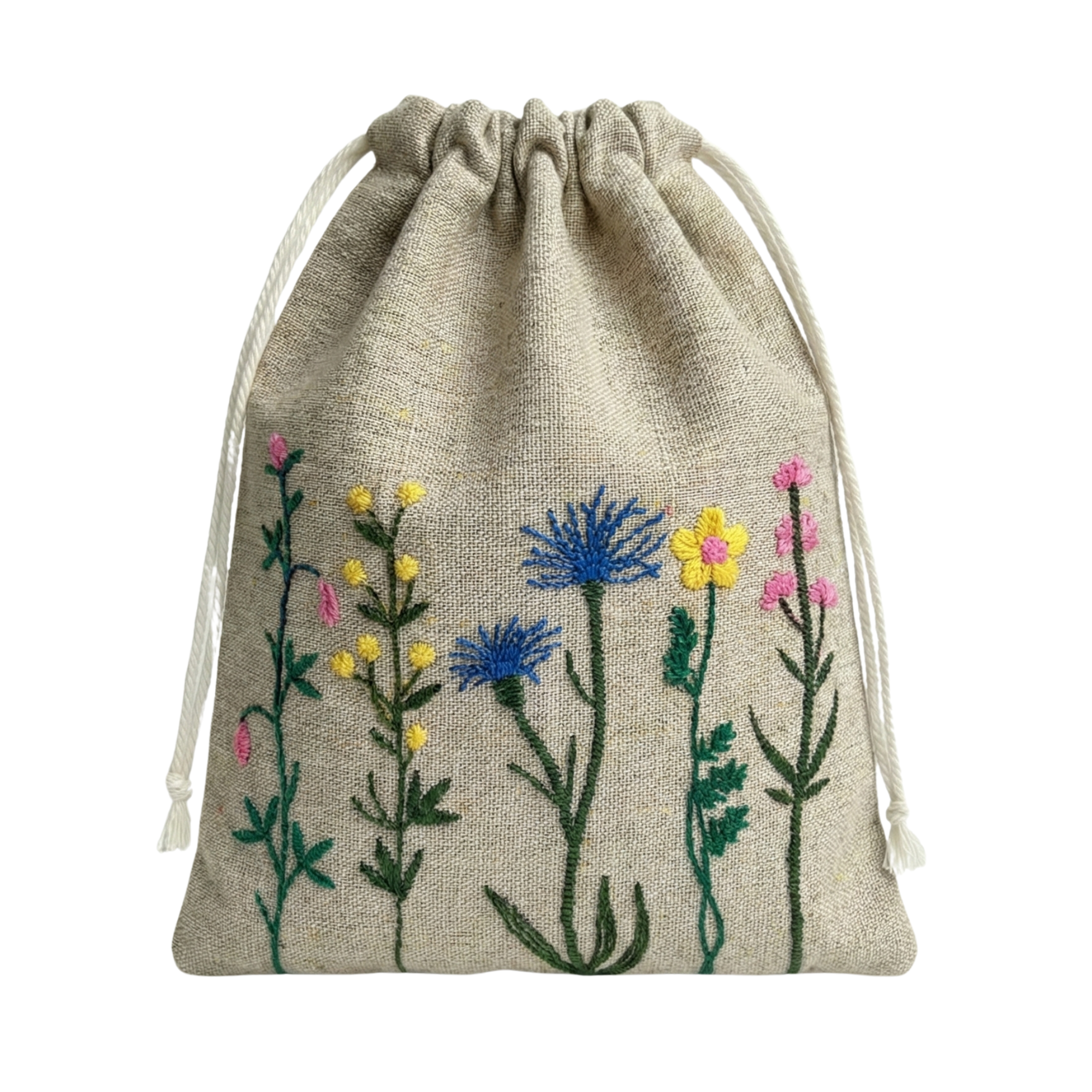 Floral Yellow Embroidered Drawstring Bag