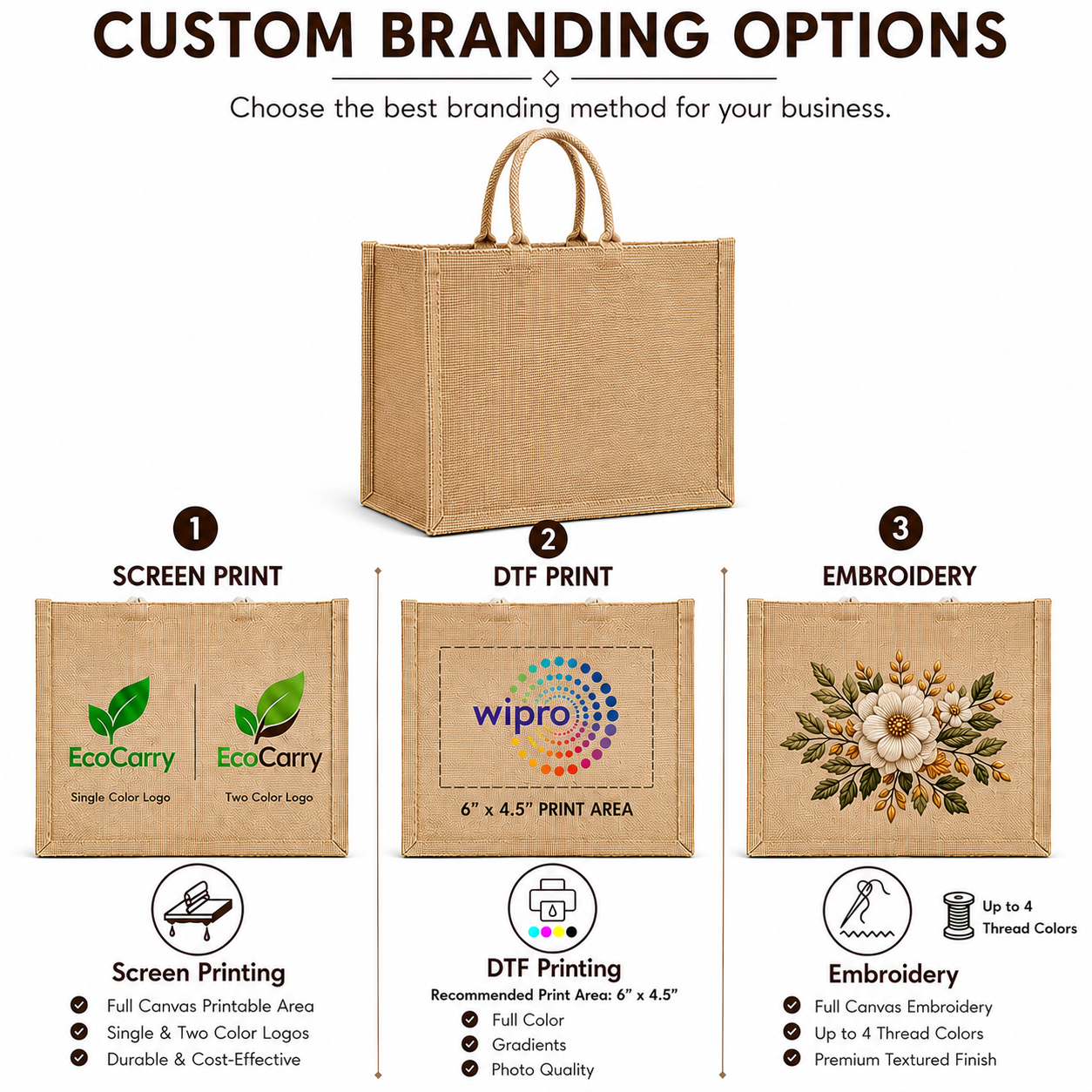 Custom 15×13×6 Natural Jute Tote Bag | 350 GSM
