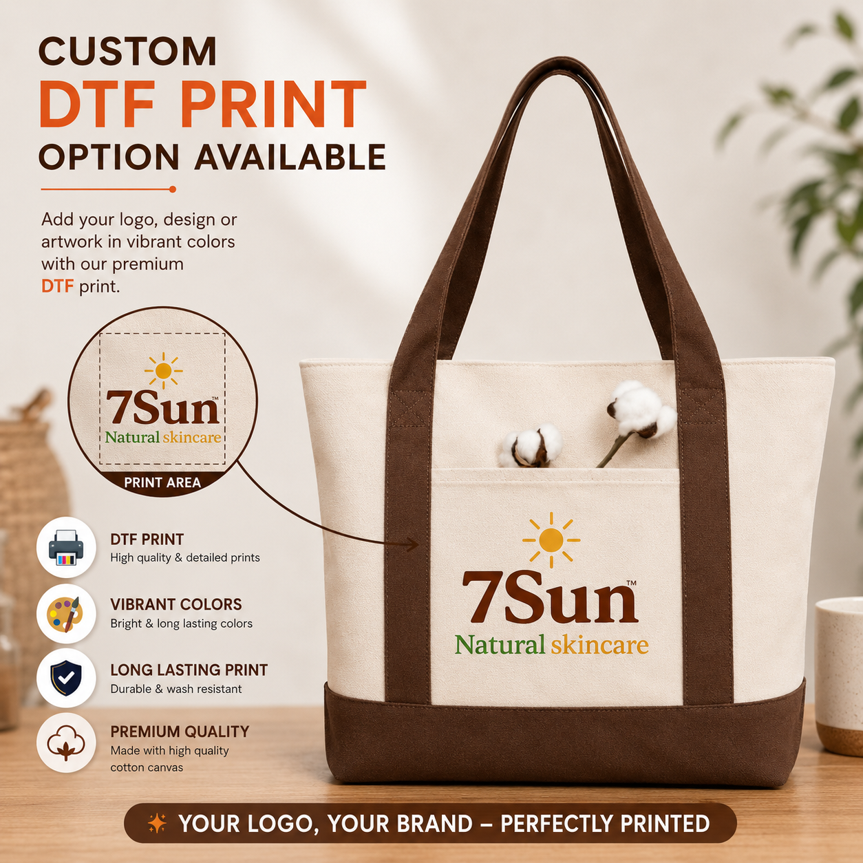 Brown and Beige Large Canvas Tote Bag | 19" x 15" x 6"