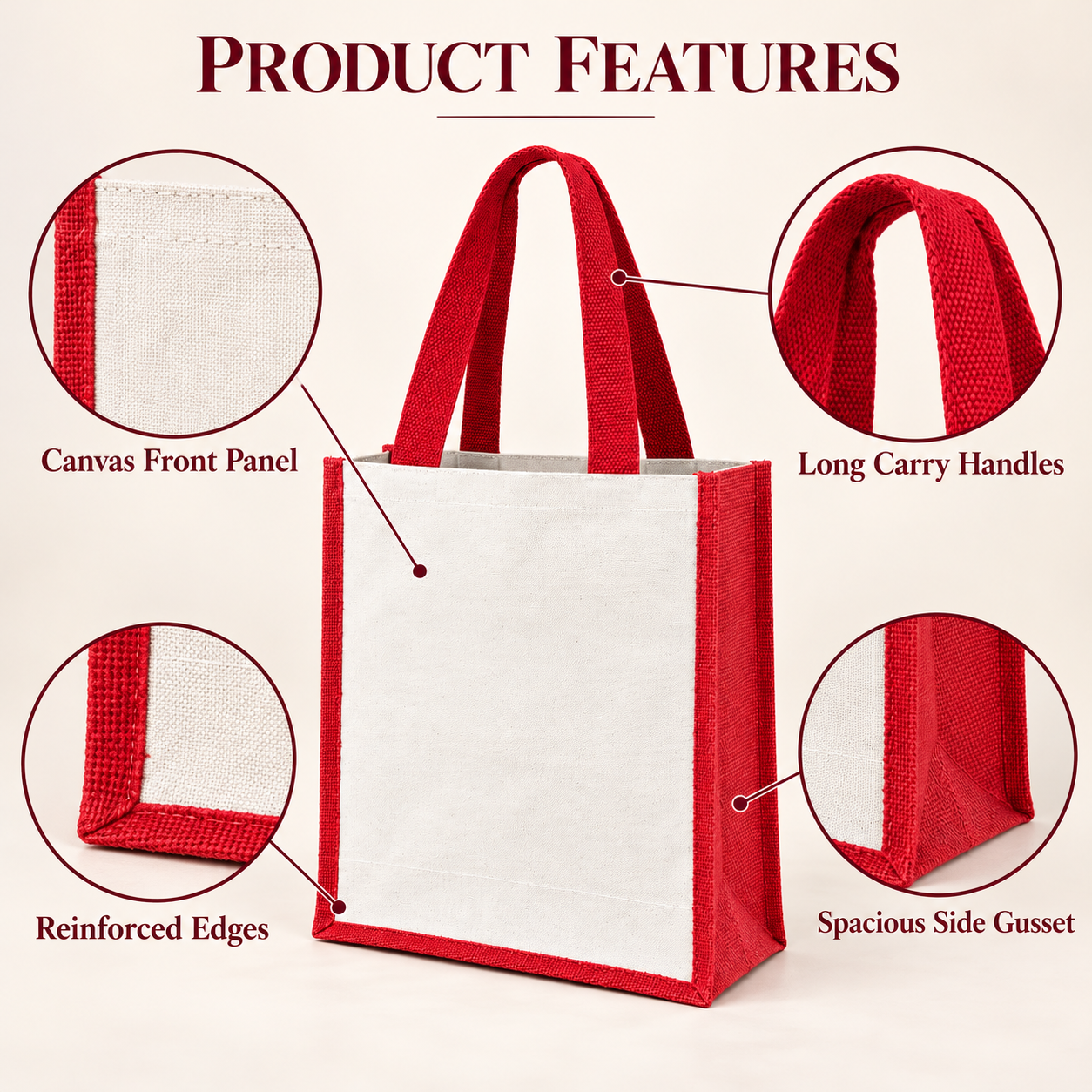 Plain 12x15.5x5.5 Red Laminated Jute & Canvas Tote Bag