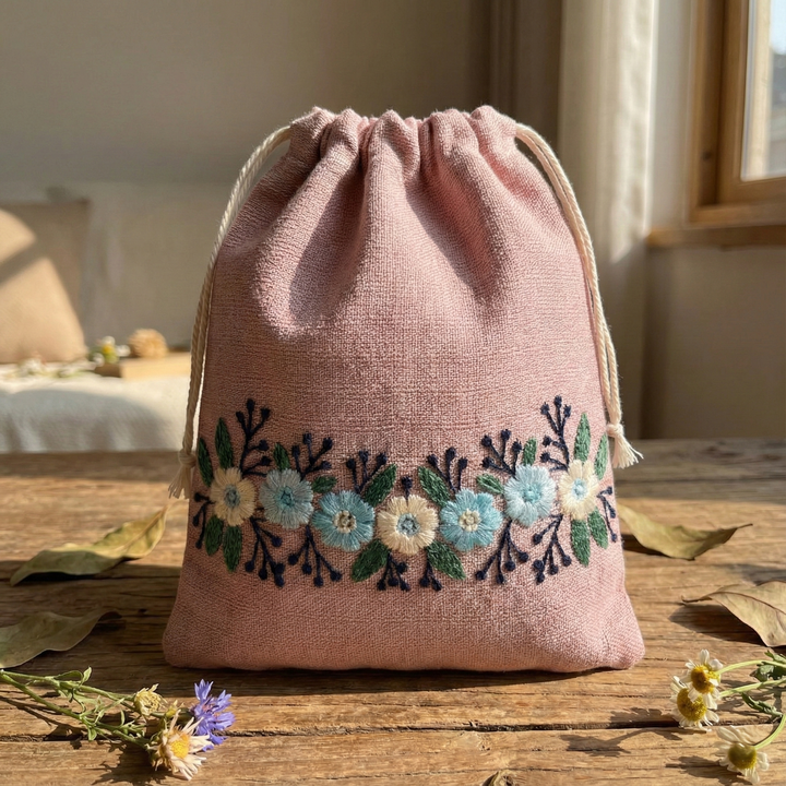 Floral Pink Embroidered Drawstring Bag