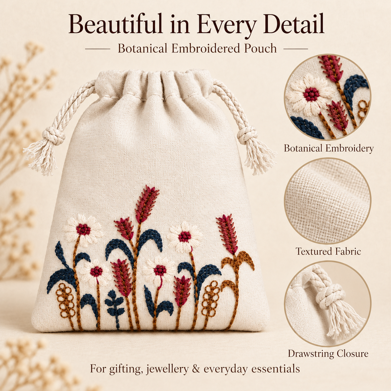 Rustic Harvest Embroidered Cotton Drawstring Pouch