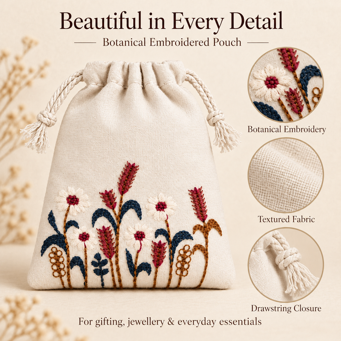 Rustic Harvest Embroidered Cotton Drawstring Pouch