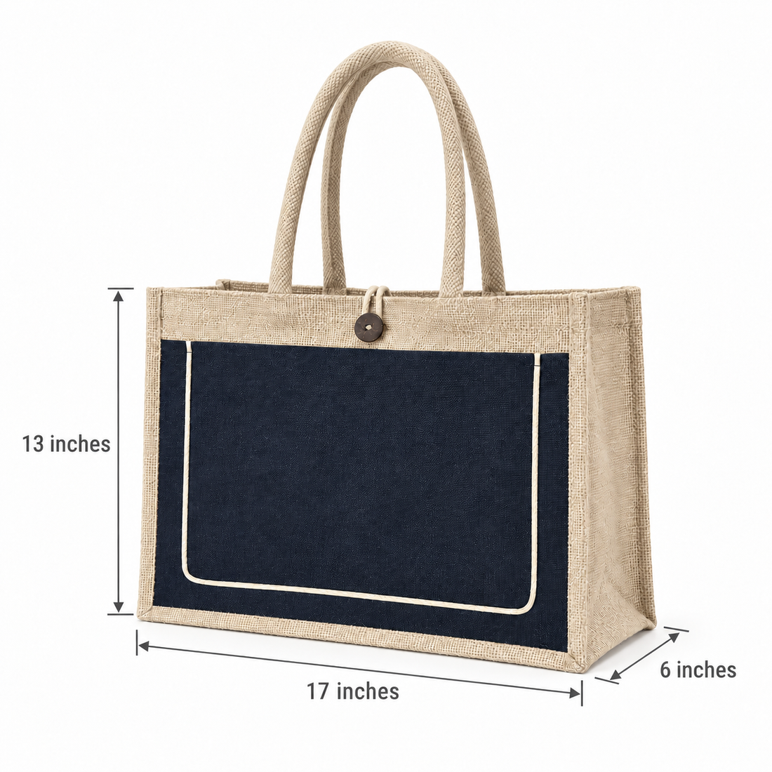 Plain 17x13x6 Black & Natural Jute Tote Bag with Piped Canvas Front Pocket