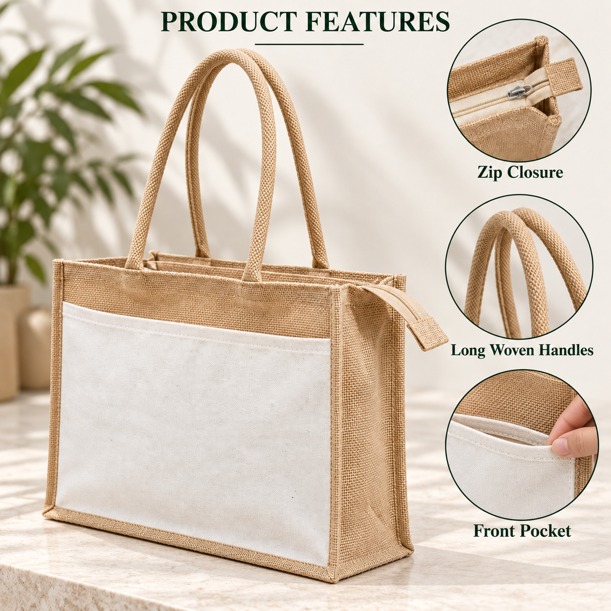 Plain 17x13x6 Natural Jute & Canvas Zipper Shopping Bag with Canvas Front Pocket
