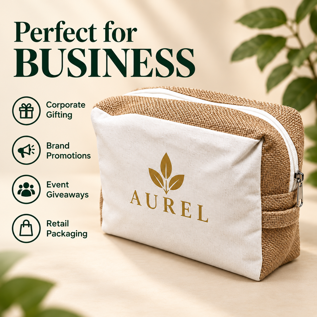 9x8x3  Natural Jute & Canvas Boxy Zipper Pouch