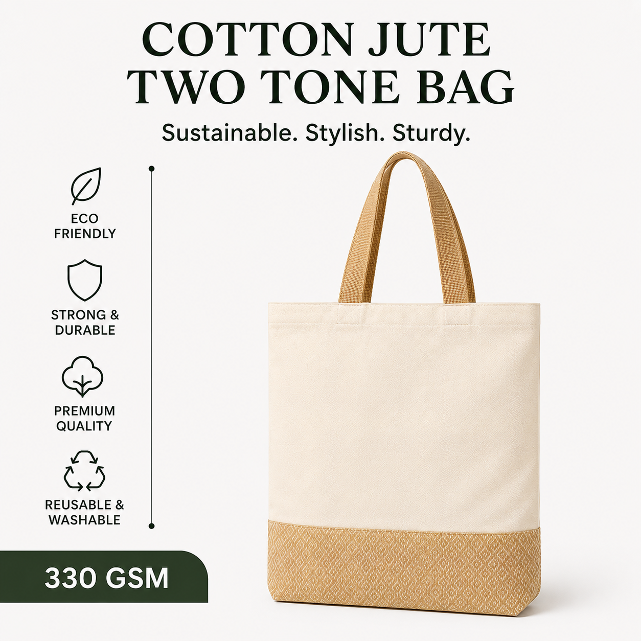 13×15 Diamond Jacquard Cotton Canvas Jute Tote Bag | 330 GSM