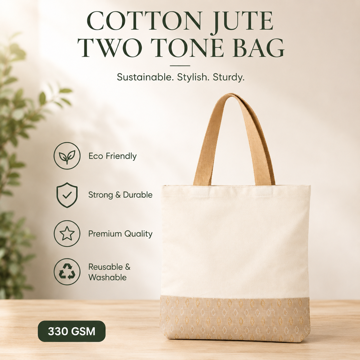 13×15 Diamond Motif Cotton Canvas Jute Tote Bag | 330 GSM
