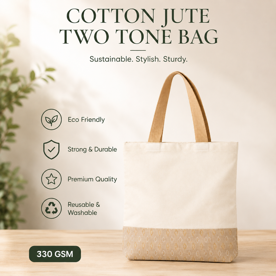 13×15 Diamond Motif Cotton Canvas Jute Tote Bag | 330 GSM
