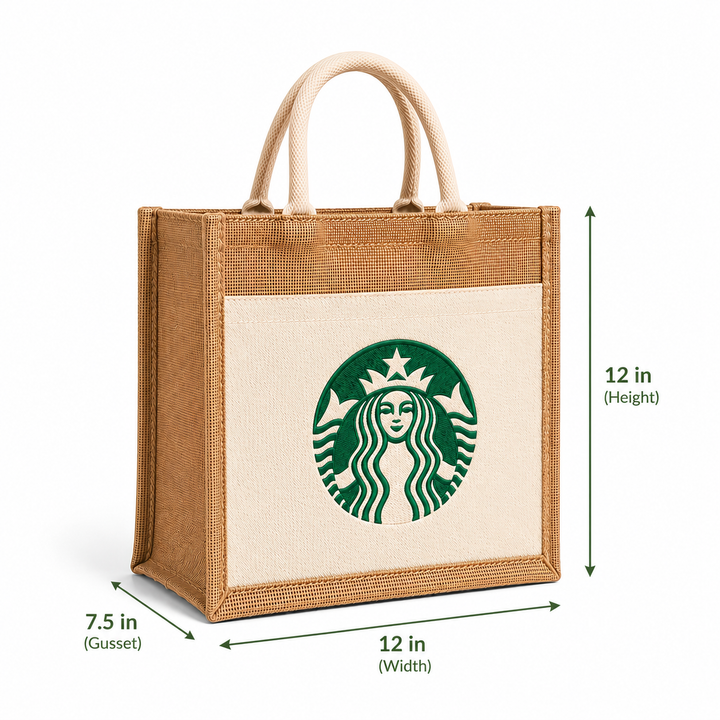 Custom 12×12×7.5 Jute Tote Bags with Canvas Front Pocket | 350 GSM