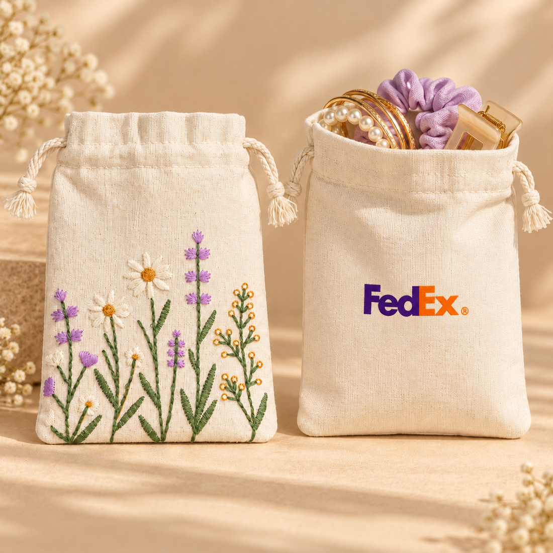 Lavender Meadow Embroidered Cotton Drawstring Pouch