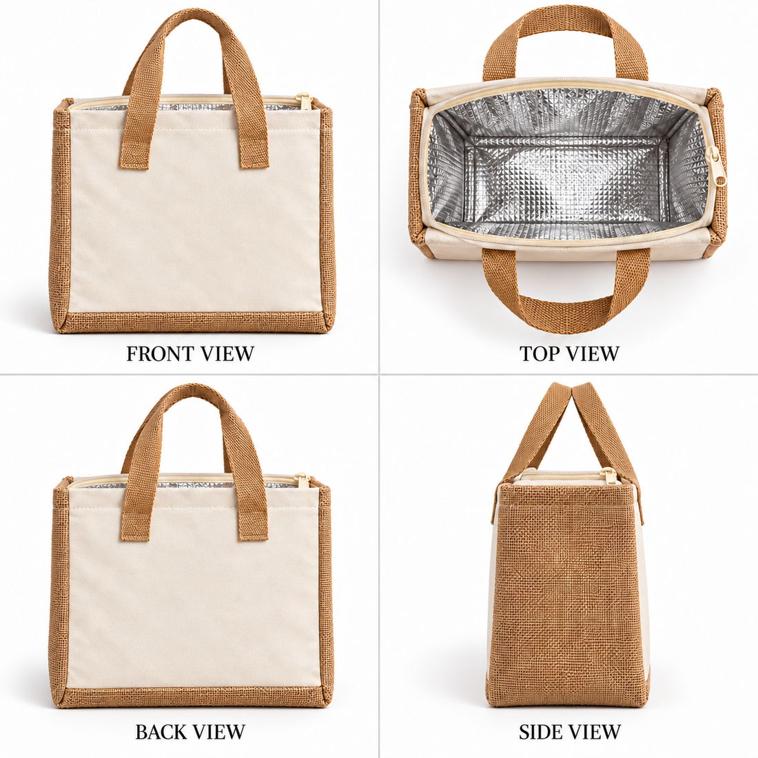 Plain 10x8.5x7 Natural Jute & Canvas Insulated Lunch Bag | 310 GSM