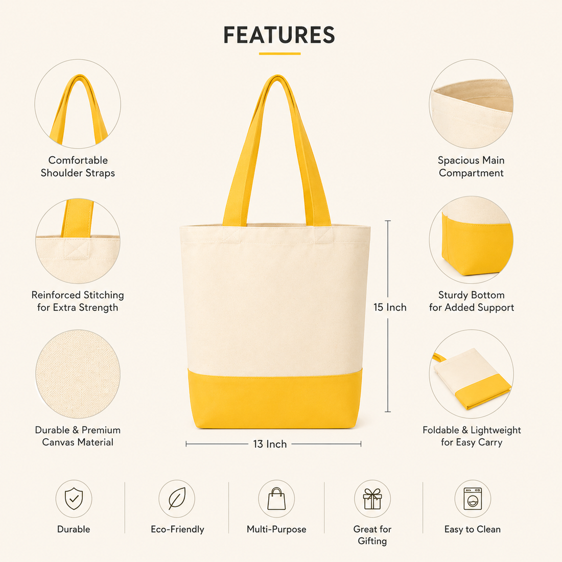 13"x15" Yellow & Beige Tote Bag | 330 GSM