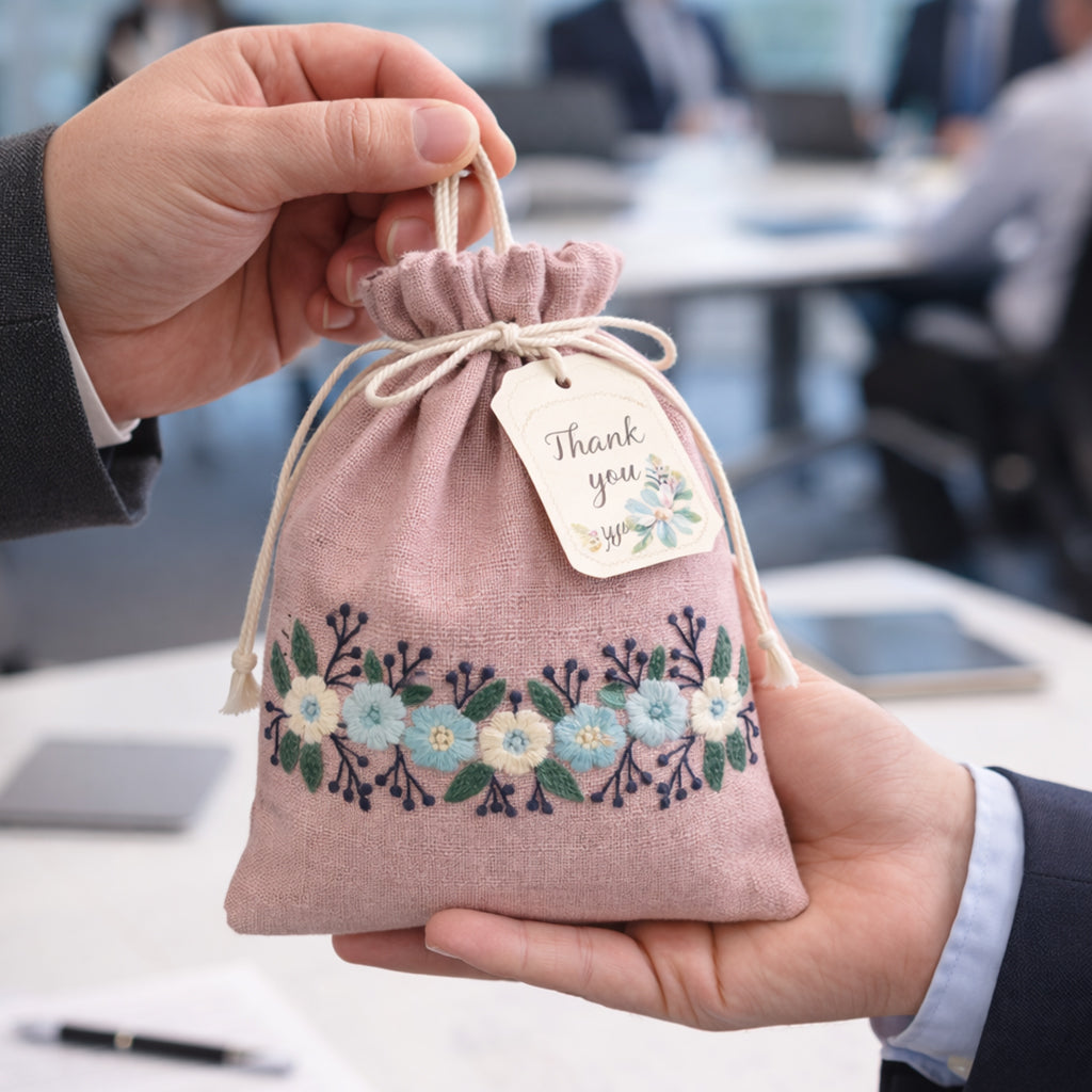 Floral Pink Embroidered Drawstring Bag