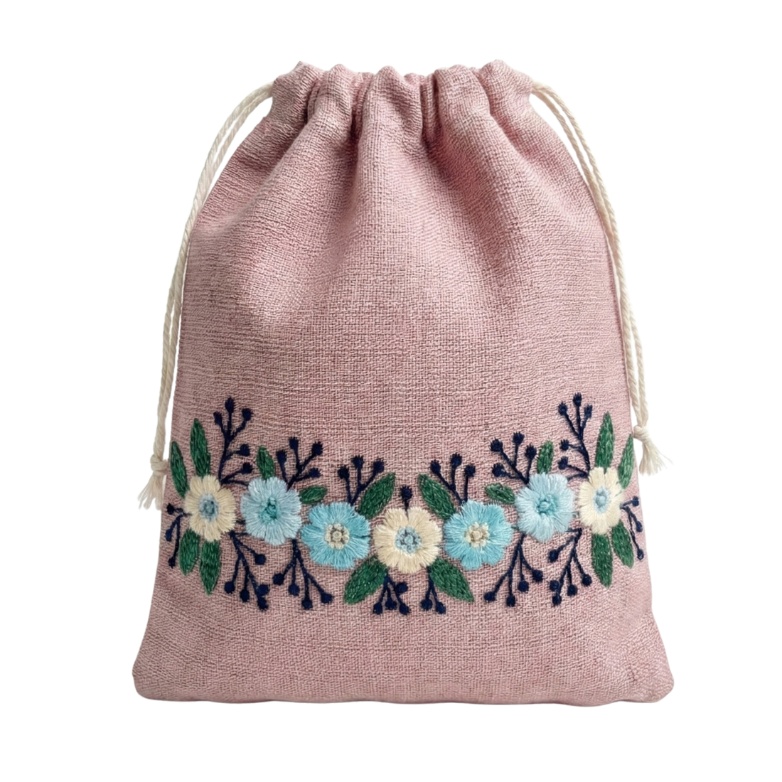 Floral Pink Embroidered Drawstring Bag