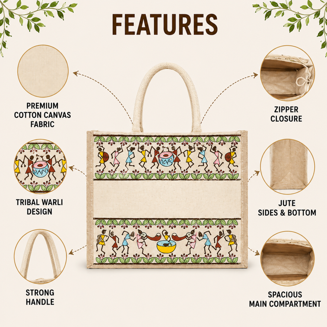 Plain Tribal Beats Warli Hamper Bag - Beige