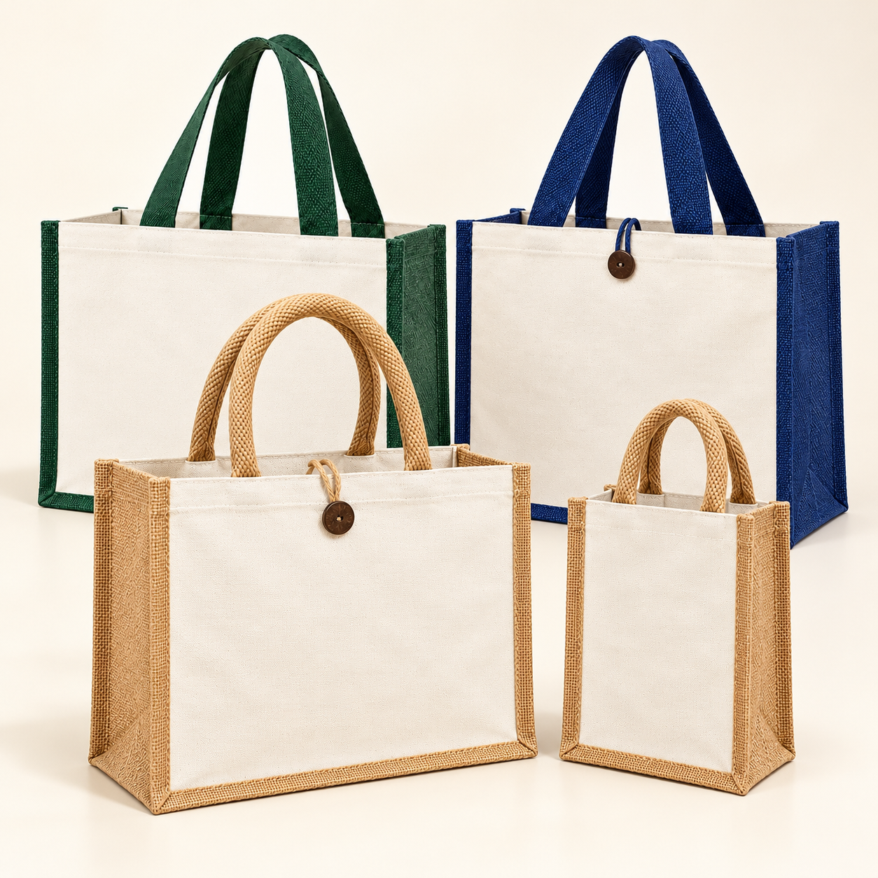 Laminated Jute Hamper Bag Sample Kit - Green Navy & Natural