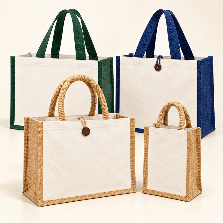 Laminated Jute Hamper Bag Sample Kit - Green Navy & Natural